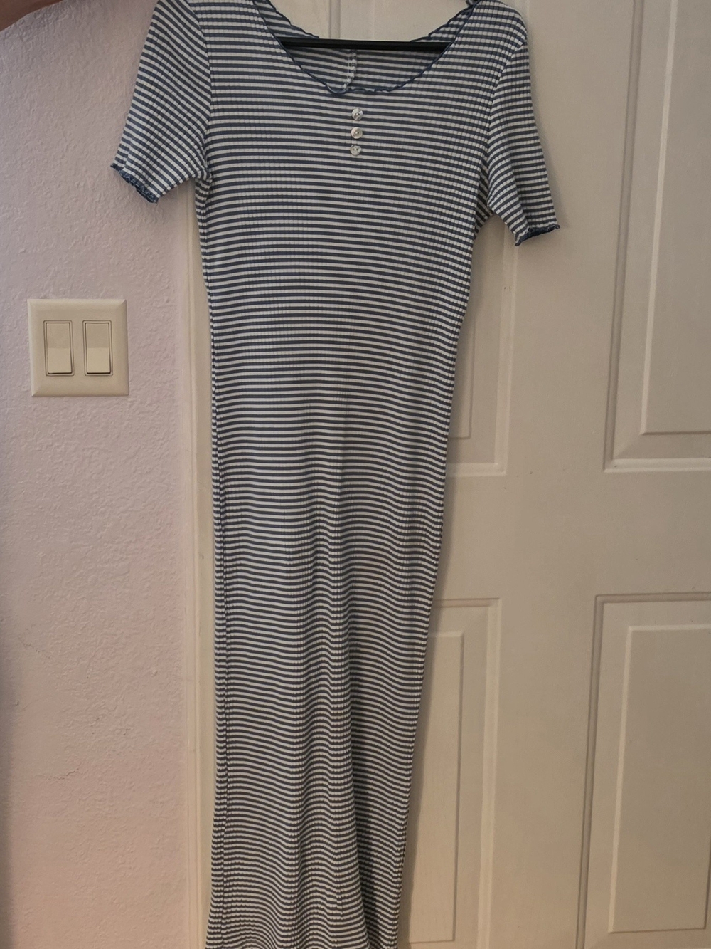 Striped Short-Sleeve Maxi Dress in Navy and White